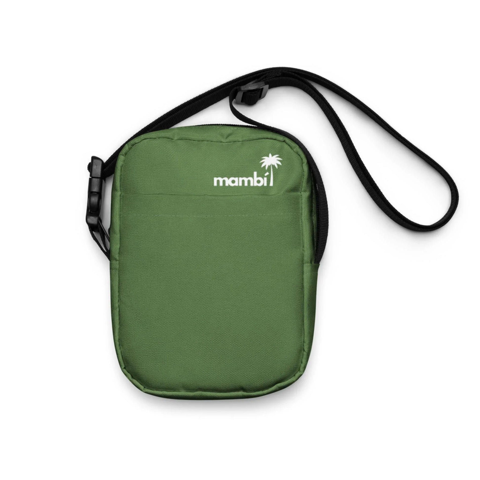 A small green Mambí crossbody bag with a black adjustable strap, featuring the white mambi logo and a palm tree graphic on the front.