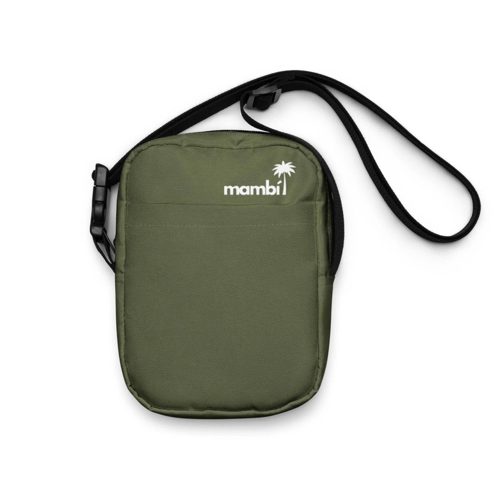An olive green Mambí crossbody pouch with a black adjustable strap and a white logo featuring a palm tree on the front. The pouch includes a front pocket and a main zippered compartment.