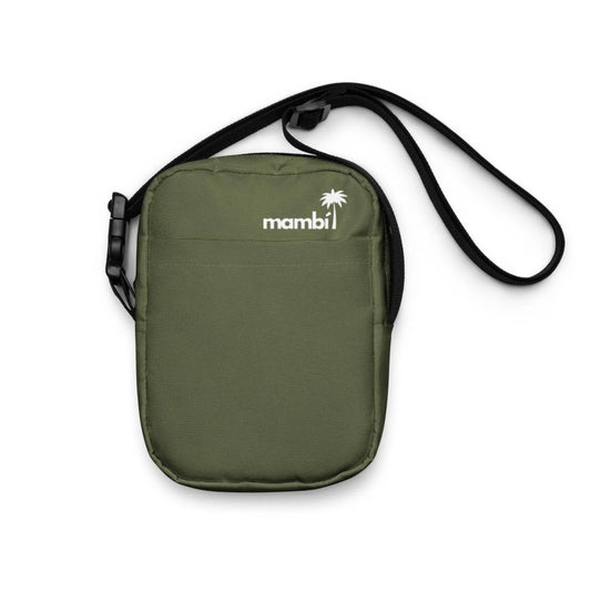 An olive green Mambí crossbody pouch with a black adjustable strap and a white logo featuring a palm tree on the front. The pouch includes a front pocket and a main zippered compartment.