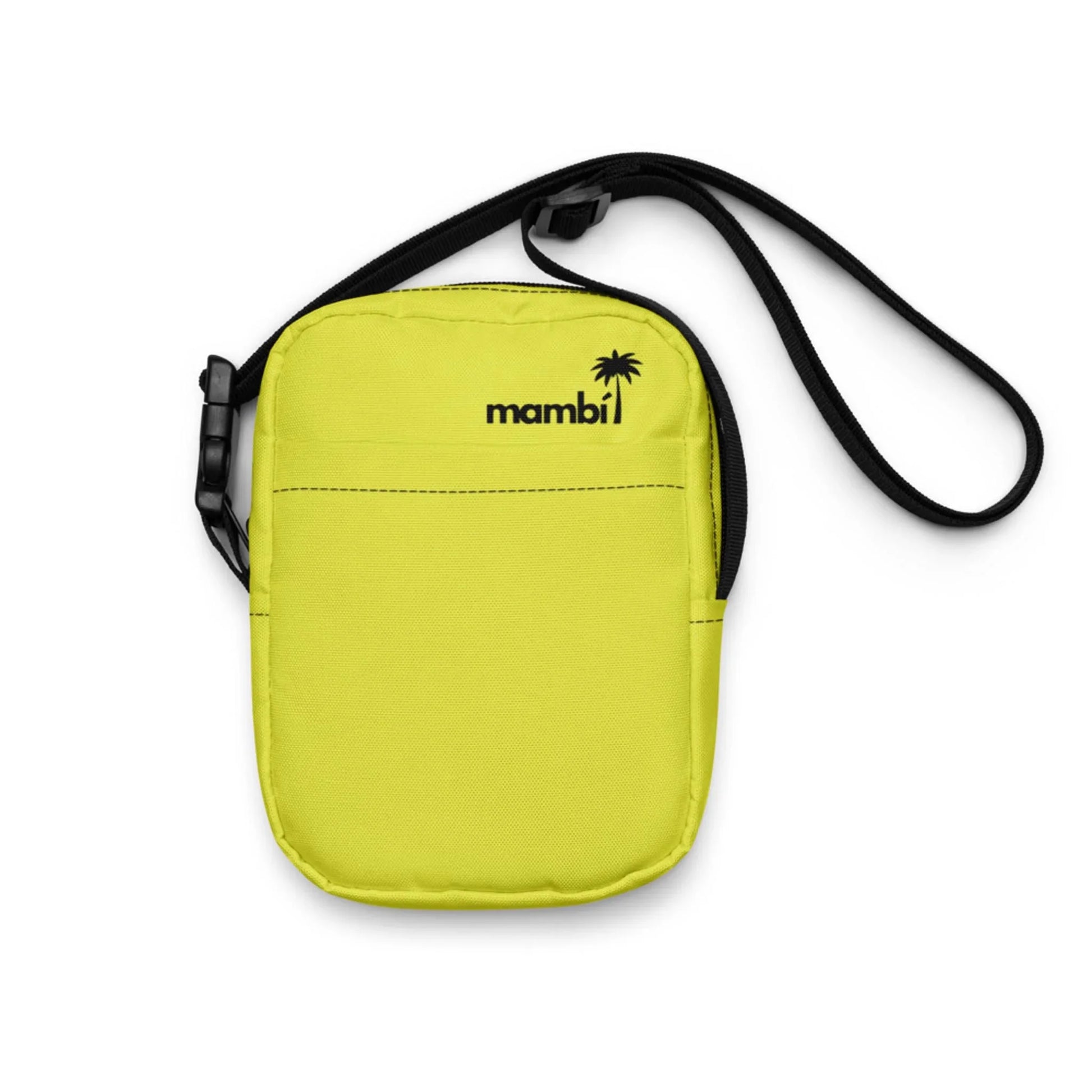 A small, bright yellow Mambí shoulder bag with a black strap and a palm tree logo in black on the front.