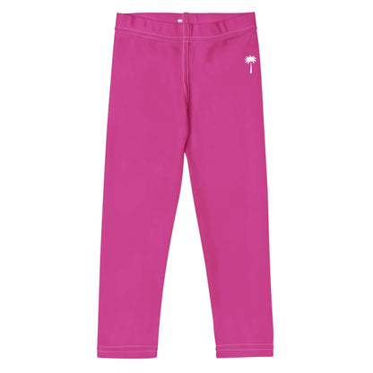 Bright pink Mambí leggings with a white palm tree graphic on the upper left hip, featuring an elastic waistband and visible stitching. The leggings are laid flat on a white background.