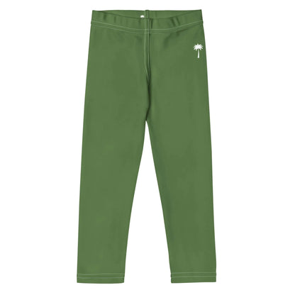 Green Mambí leggings with a white palm tree graphic on the left hip, displayed flat on a white background. The leggings feature visible stitching and an elastic waistband.