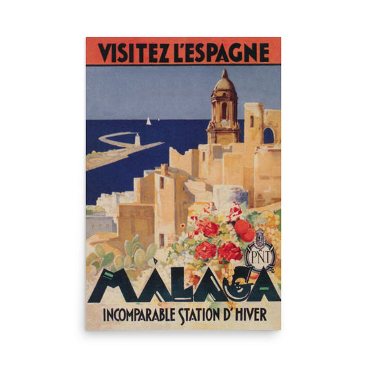 Vintage travel poster with text Visitez l’Espagne and Málaga Incomparable Station d’Hiver. Featuring a coastal cityscape with historic buildings, vibrant flowers, and the sea in the background, this Mambí-inspired artwork captures timeless elegance.