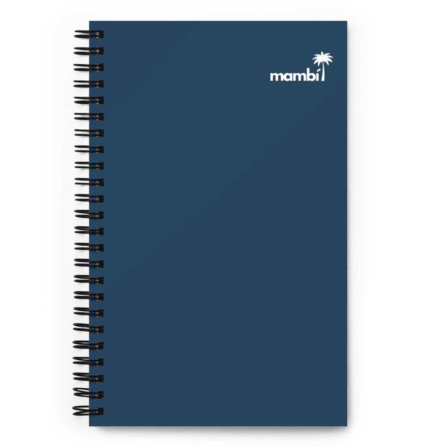 A navy blue custom wire-bound notebook featuring a small white palm tree and the word mambi in the top right corner of the cover.