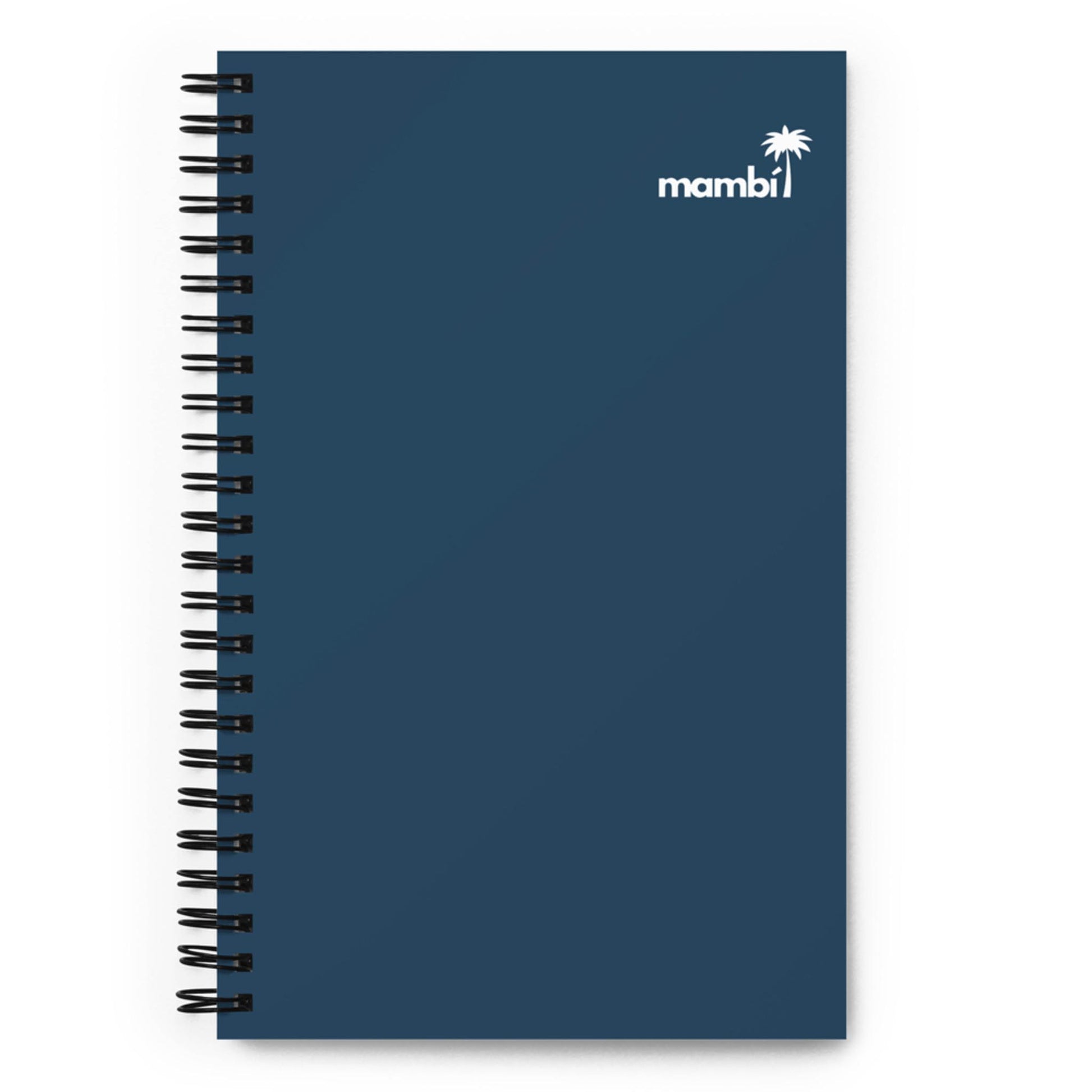 A navy blue custom wire-bound notebook featuring a small white palm tree and the word mambi in the top right corner of the cover.
