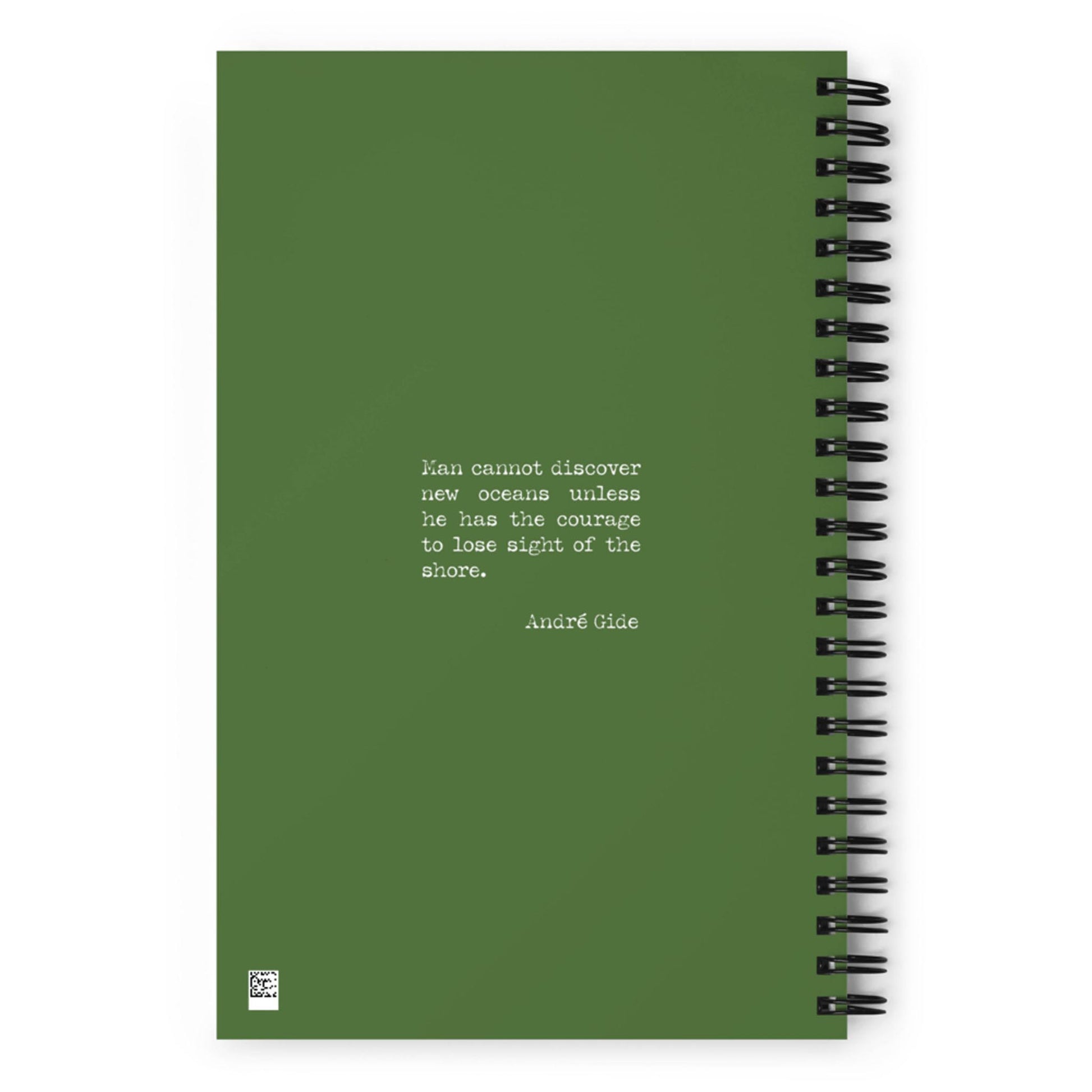 A green custom wire-bound notebook with a dotted paper interior features a centered quote in white: Man cannot discover new oceans unless he has the courage to lose sight of the shore. André Gide.