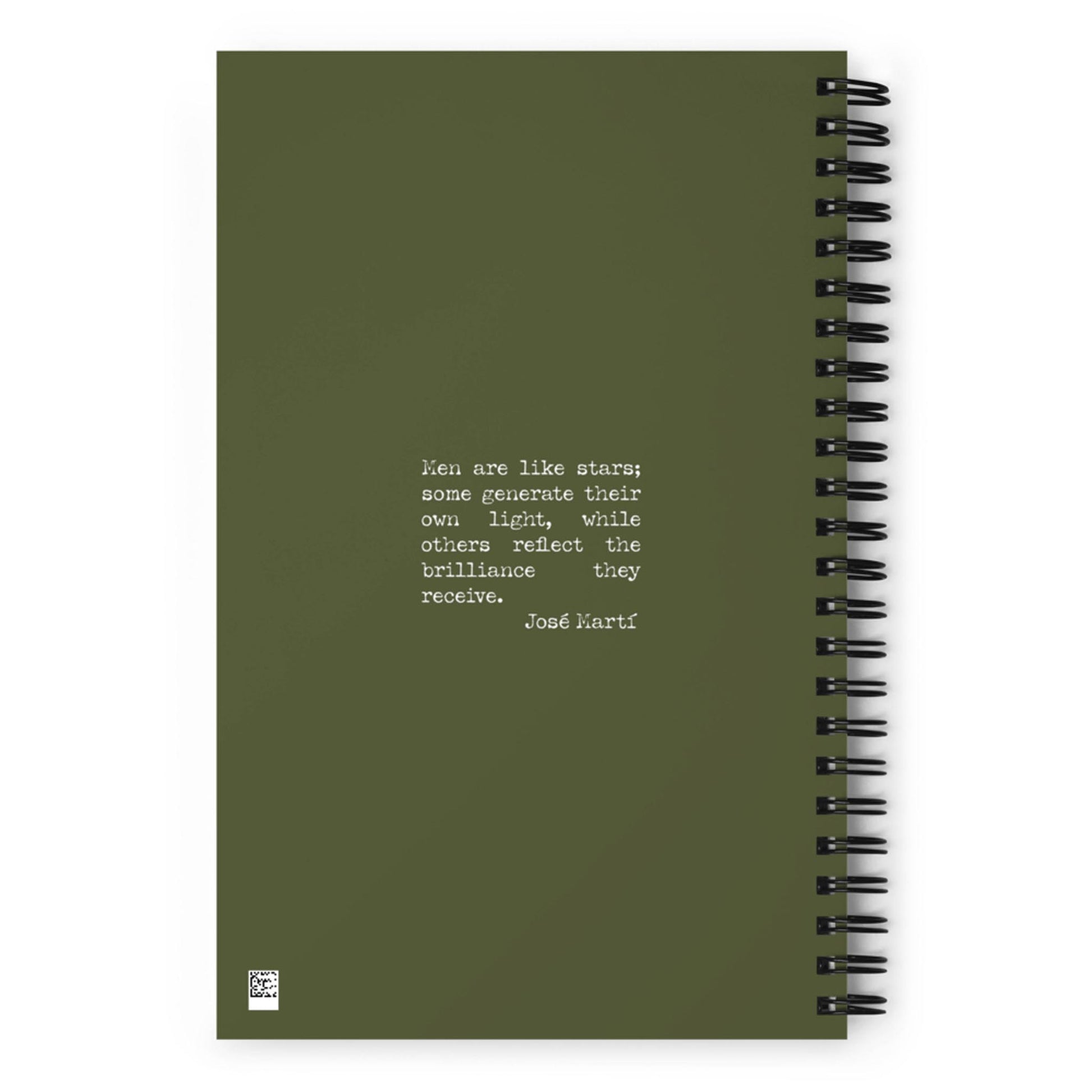 A green spiral custom wire-bound notebook with a white typewritten quote on the cover: Men are like stars; some generate their own light, while others reflect the brilliance they receive. - José Martí. Perfect as your daily companion notebook.