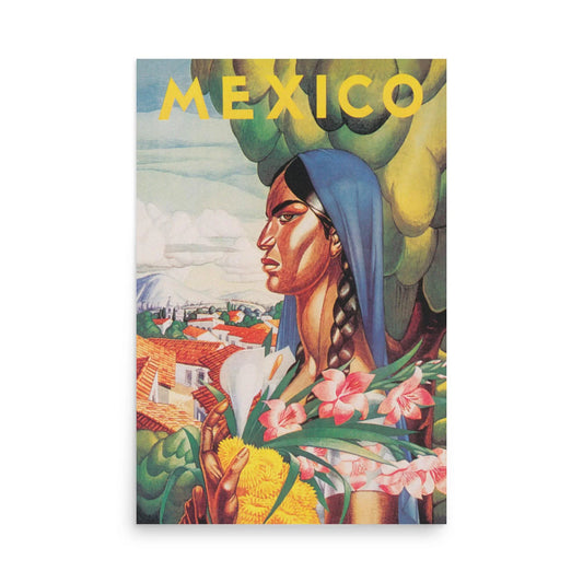 The Mexico Reprinted Vintage Poster by Printful features a vibrant woman with a braid and flowers amid scenic mountains, rooftops, and trees, with MEXICO in bold yellow. Printed on premium luster paper, 24x36.