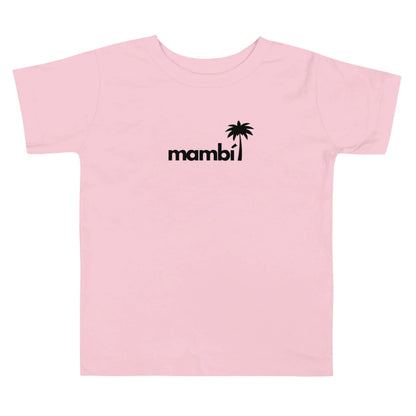 A light pink Mambí t-shirt featuring the word mambi in black lowercase letters, with a black palm tree graphic replacing the letter i.