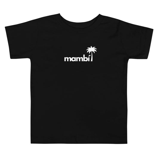 Black T-shirt featuring the word Mambí in lowercase white letters centered on the chest, with a small white palm tree graphic above the letter i.