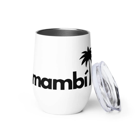 A white insulated tumbler features Mambí in bold black letters and a black palm tree graphic. The clear plastic lid sits beside the tumbler on a white background.