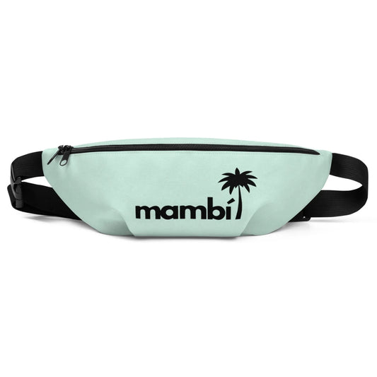 A light green fanny pack with a black zipper and strap. The word Mambí and a black palm tree graphic are featured on the front.