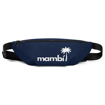 A navy blue fanny pack with black adjustable straps, featuring the word Mambí and a white palm tree graphic on the front.