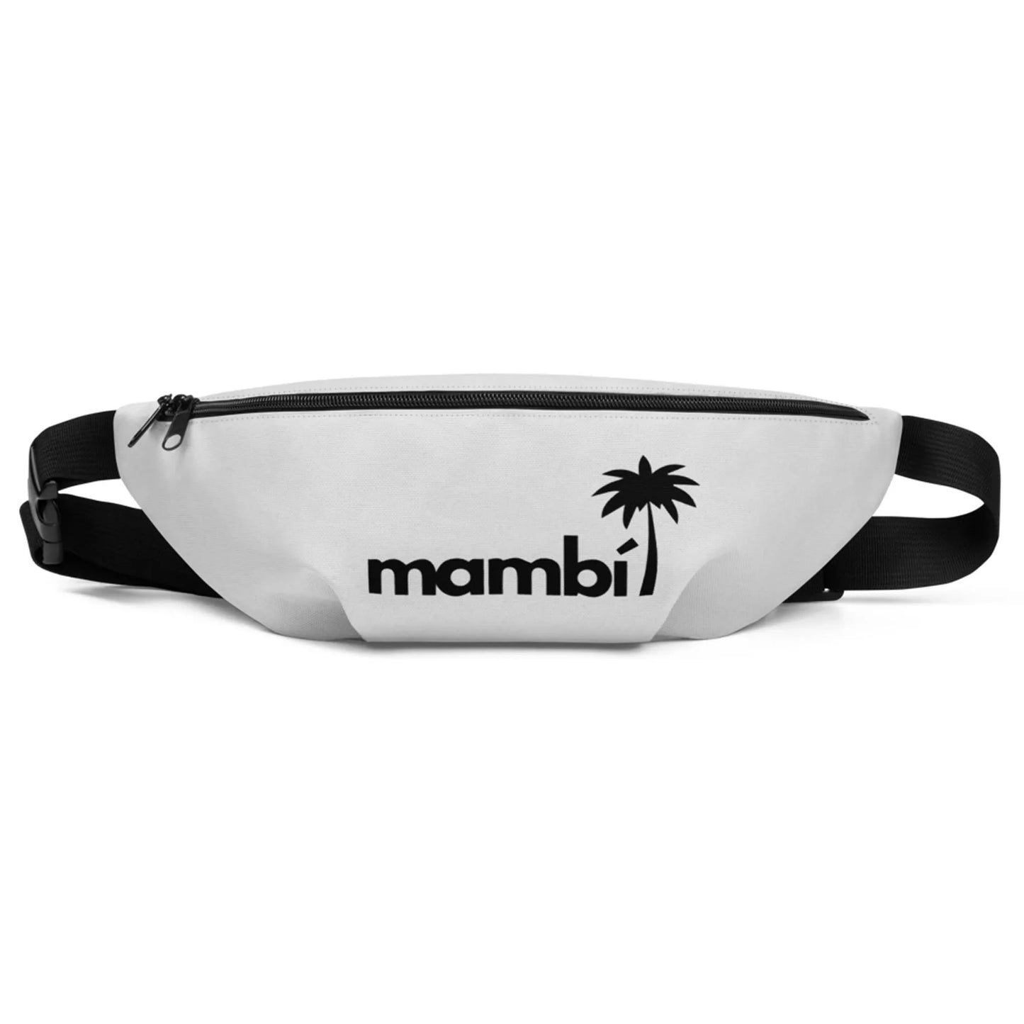 A light gray fanny pack with a black adjustable strap, black zipper, and the word Mambí alongside a black palm tree graphic printed on the front.