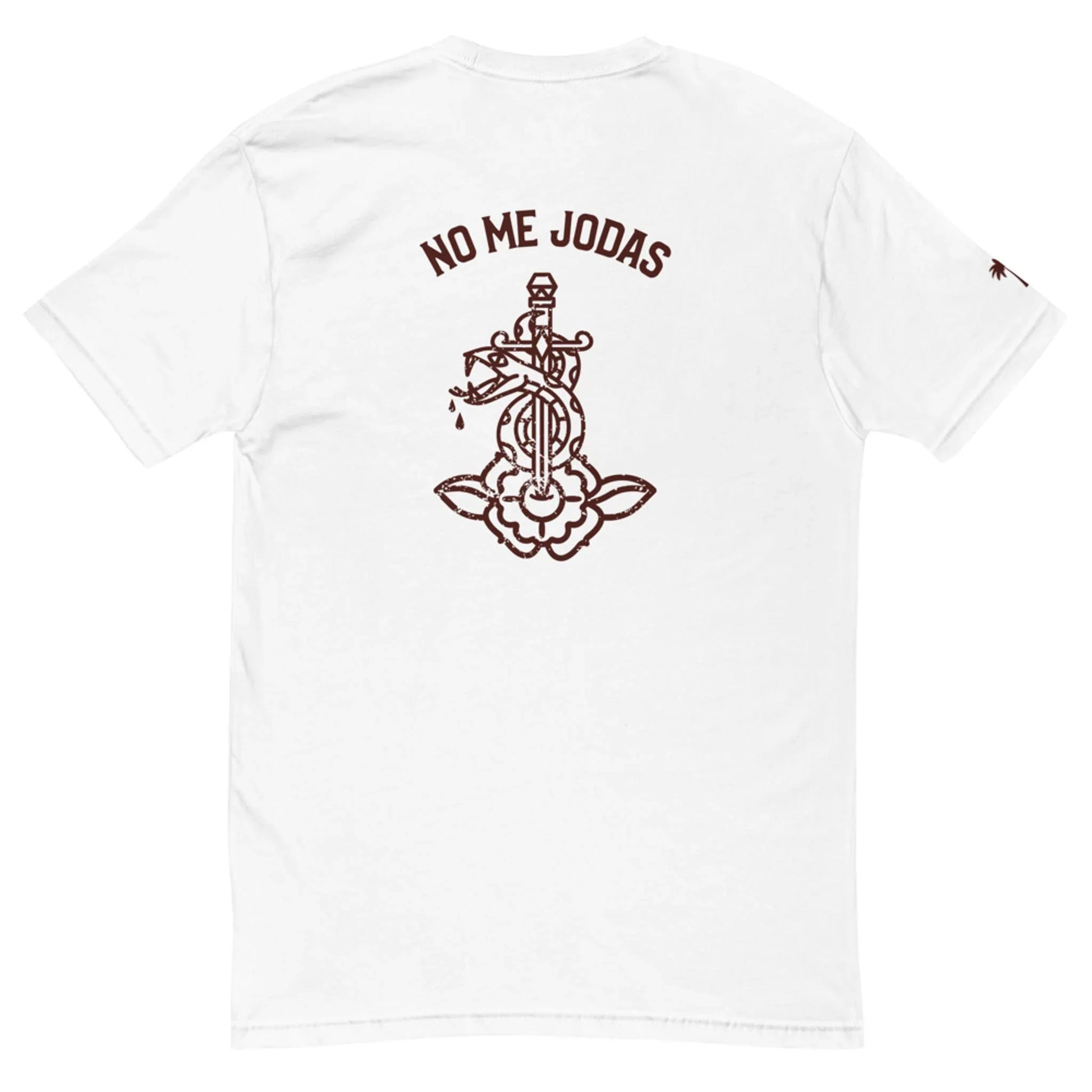 The Printful No Me Jodas Fitted Graphic Tee for men features soft cotton and a striking dark brown dagger-through-flower graphic with NO ME JODAS above—perfect for fans of clever, standout designs.