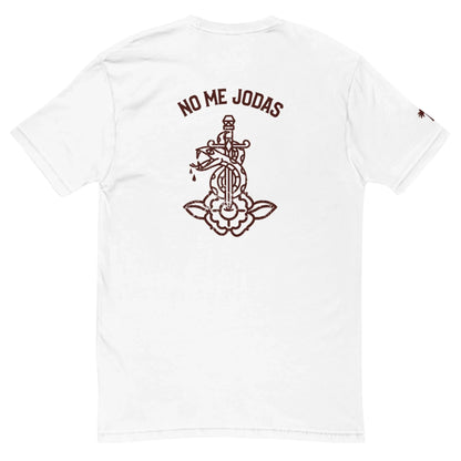 The Printful No Me Jodas Fitted Graphic Tee for men features soft cotton and a striking dark brown dagger-through-flower graphic with NO ME JODAS above—perfect for fans of clever, standout designs.