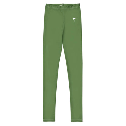 Green leggings with a fitted design, featuring a small white palm tree graphic on the left hip area. These Mambí leggings have a simple, seamless appearance and are displayed on a plain white background.