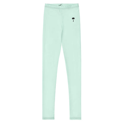 Light blue Mambí leggings featuring a small black palm tree graphic on the left hip. These leggings offer a simple, slim-fitting design with no visible patterns or extra details.