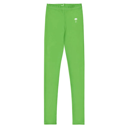 Mambí bright green leggings featuring a small white palm tree graphic on one hip, displayed on a plain white background.