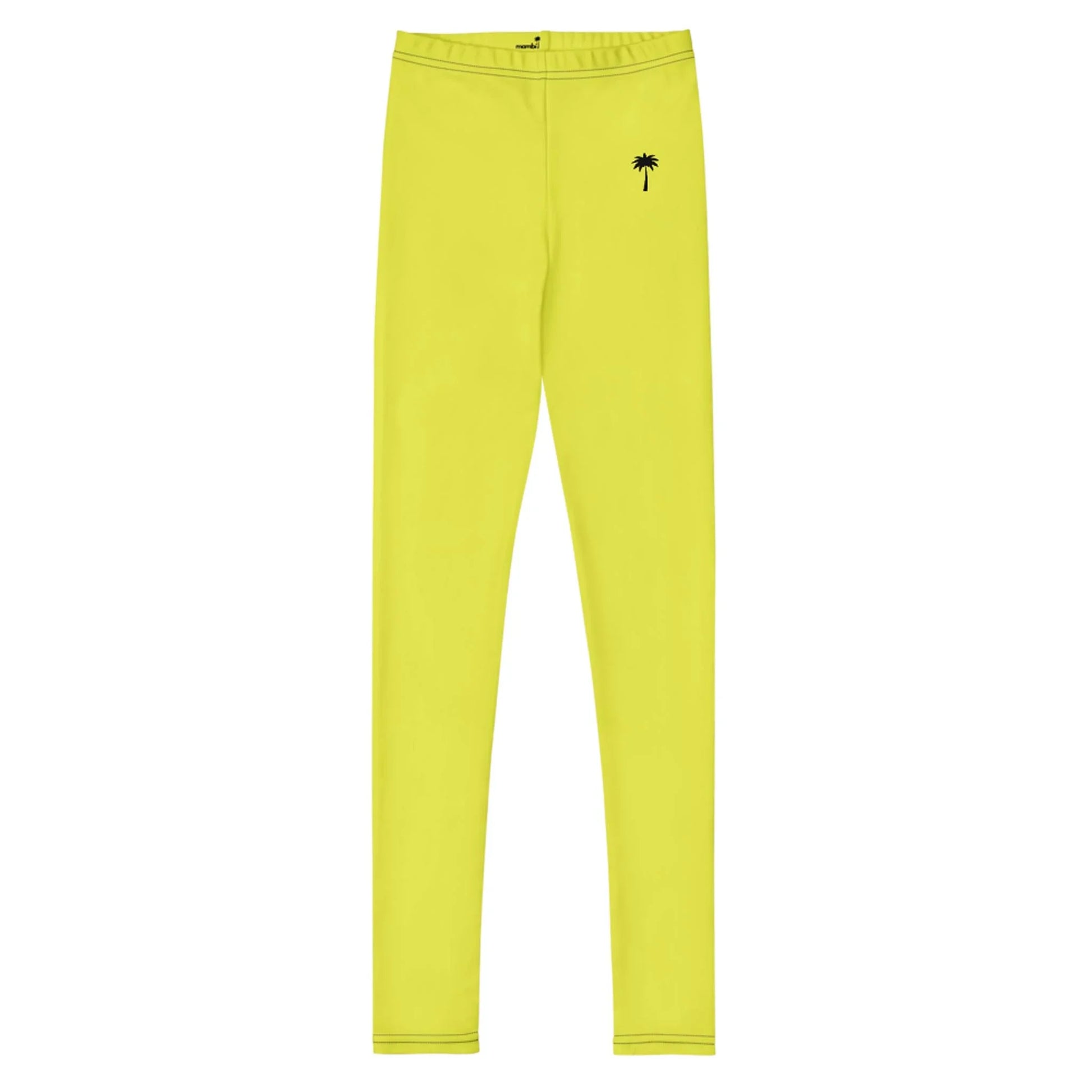 Bright yellow Mambí leggings featuring a small black palm tree graphic near the left hip, displayed on a plain white background.