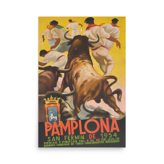 The Pamplona reprinted vintage poster by Printful captures the 1954 San Fermin festival with bulls and runners, bold yellow and red event dates, beautifully reproduced on premium luster paper in a 24x36 format.