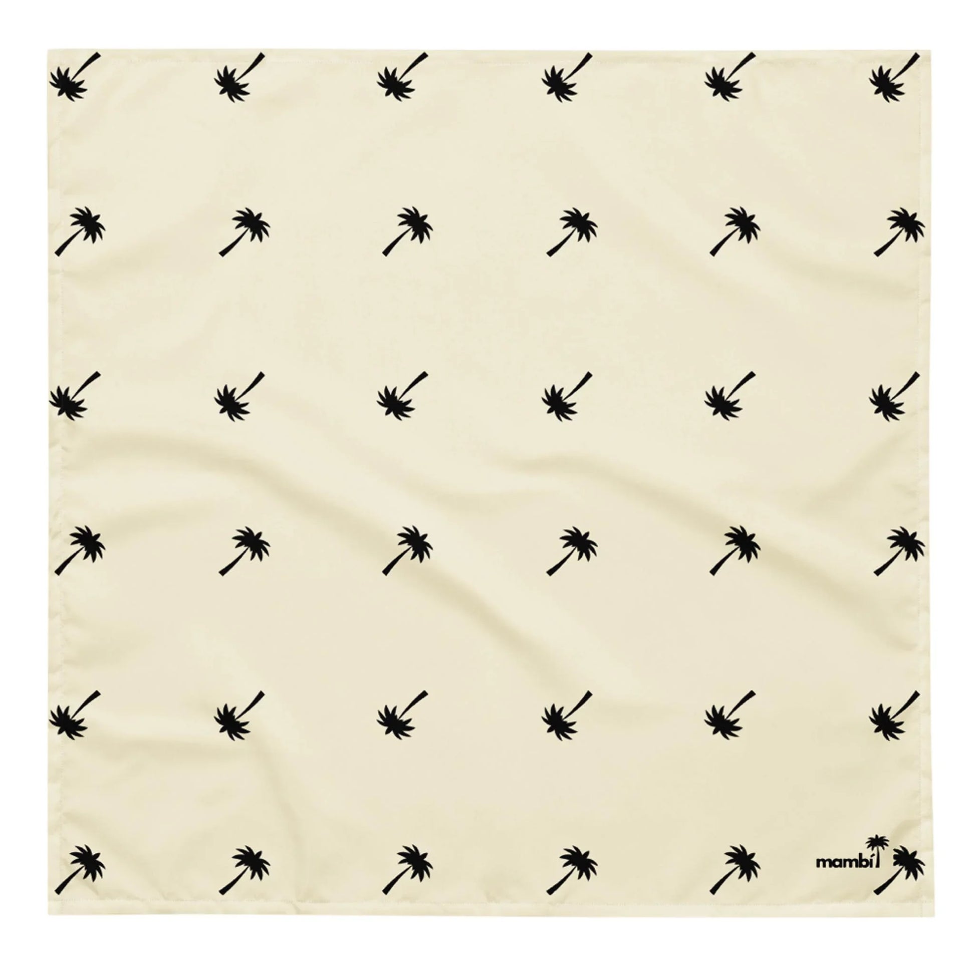 A cream-colored square cloth with a repeating pattern of small black palm trees evenly spaced. The word Mambí is printed in black in the lower right corner.
