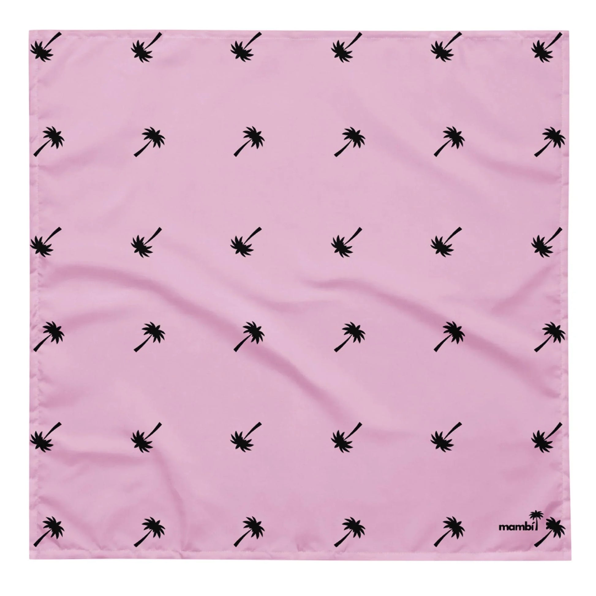A pink square cloth featuring a repeating pattern of small black palm trees, with the word Mambí and a palm tree logo in the bottom right corner.