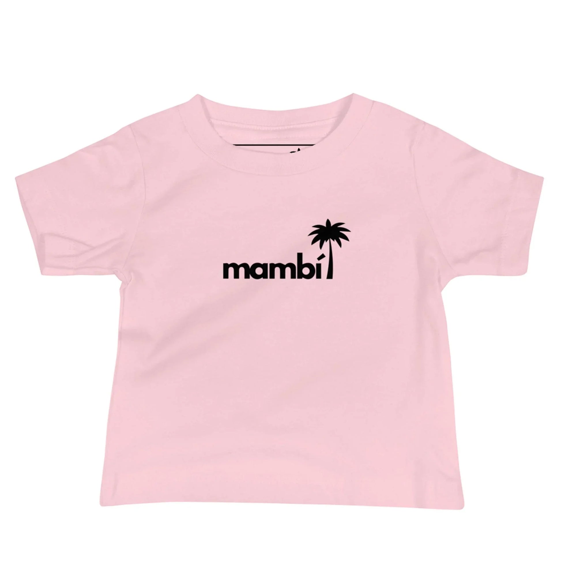 A light pink toddler T-shirt with the word Mambí in bold black lowercase letters on the front, featuring a small black palm tree graphic above the letter i.