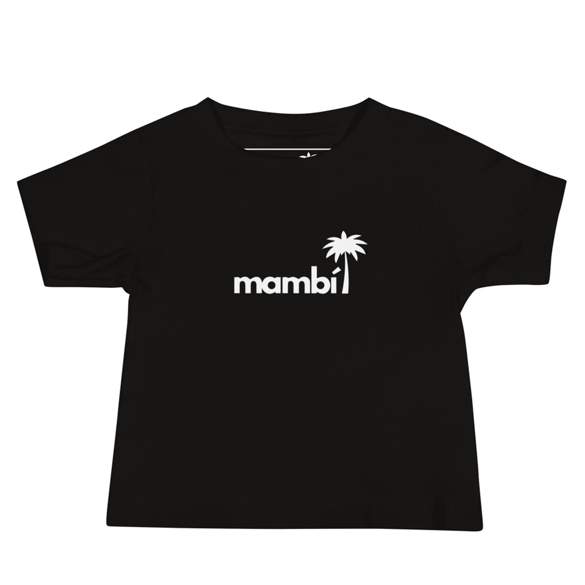 Black short-sleeve t-shirt featuring the word Mambí in white lowercase letters with a small white palm tree graphic above the letter i.