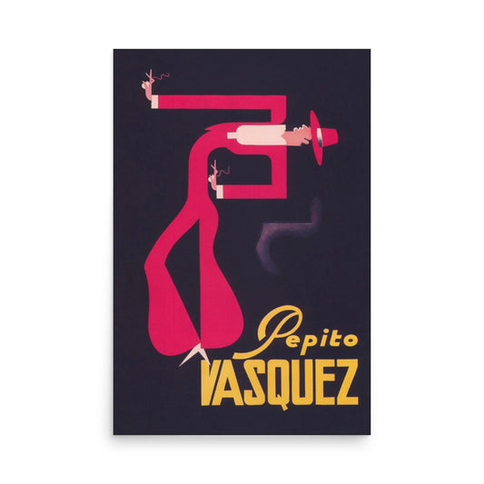Stylized illustration of a man in a red suit and hat, holding a cigarette, with exaggerated long legs and arms, on a dark background. Yellow text reads Pepito Vasquez at the bottom right, evoking the bold spirit of Mambí.