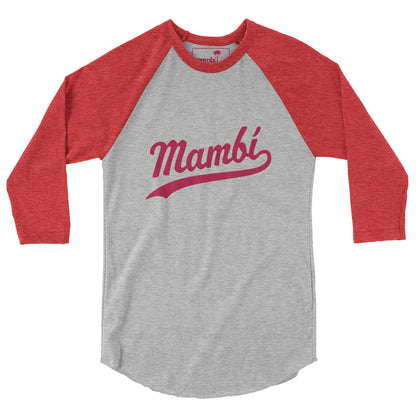 A baseball-style shirt with red three-quarter sleeves and a light gray body, featuring Mambí printed in bold, cursive red letters across the chest.