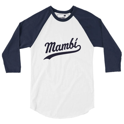 A white baseball-style shirt with black three-quarter sleeves, featuring Mambí in bold, cursive black letters across the chest.