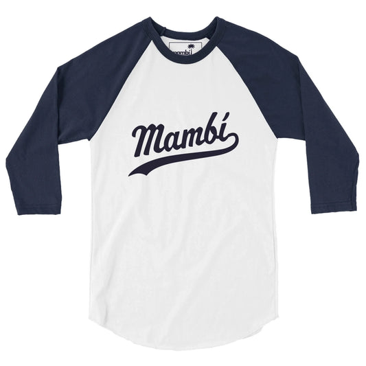 A white baseball-style shirt with black three-quarter sleeves, featuring Mambí in bold, cursive black letters across the chest.