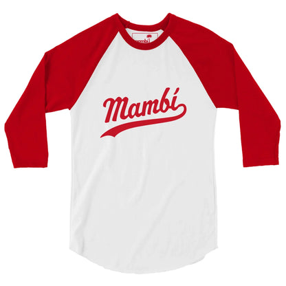 A white baseball-style shirt with red three-quarter-length sleeves features the word Mambí in bold red script across the chest.