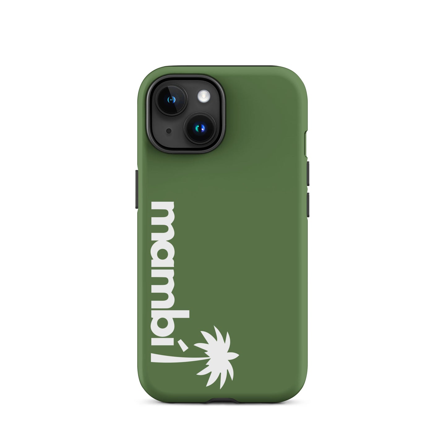 A Fern Green iPhone heavy-duty case with mambi! printed vertically in white and a palm tree graphic near the bottom. Made for dual-camera phones, it provides stylish, reliable shock absorption to protect your device.