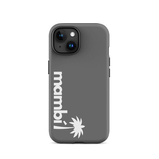 A Grey iPhone heavy-duty case with Mambi! in bold white letters and a white palm tree graphic, both vertically aligned on the side, delivers stylish protection and reliable shock absorption.