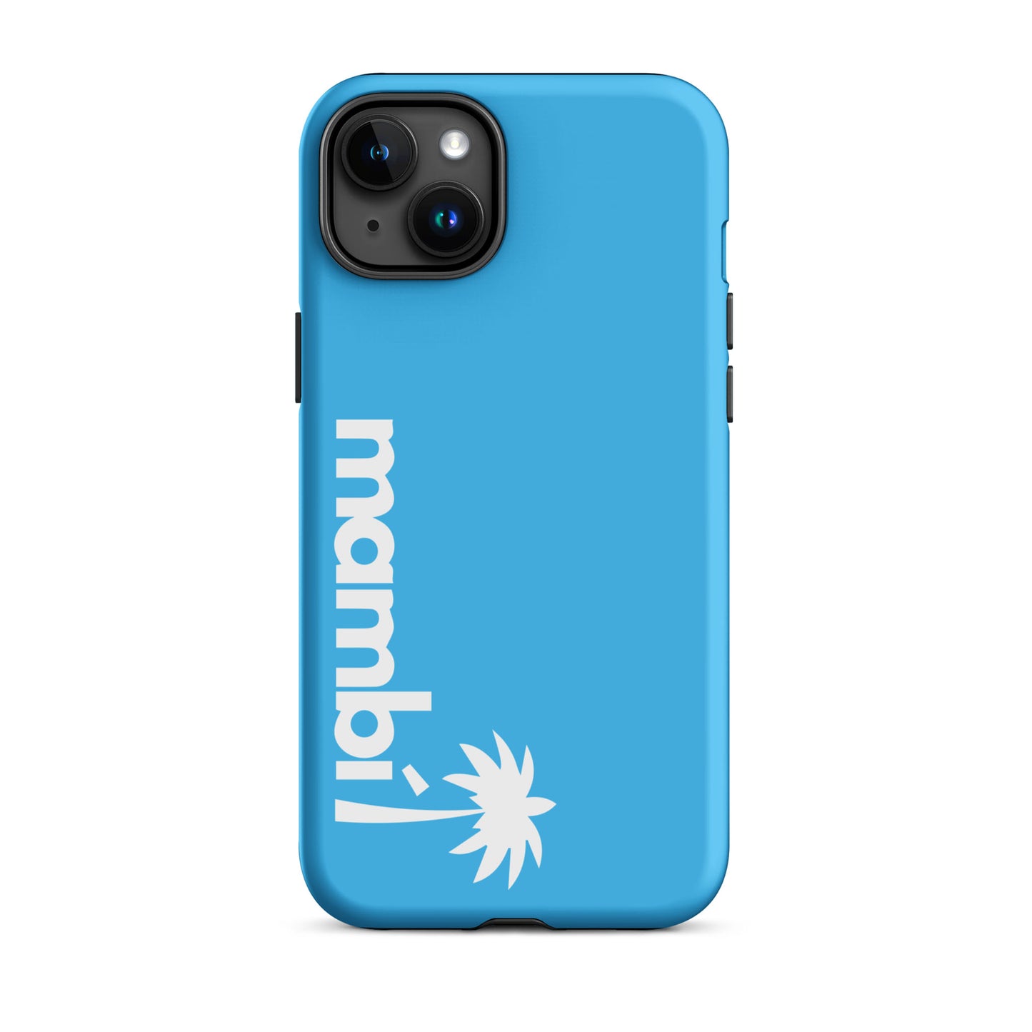 A Deep Sky Blue dual-layer iPhone case displays a white palm tree and bold vertical “mambi!” text. Shown from the back, it highlights the camera cutout while providing heavy-duty, stylish shock absorption.