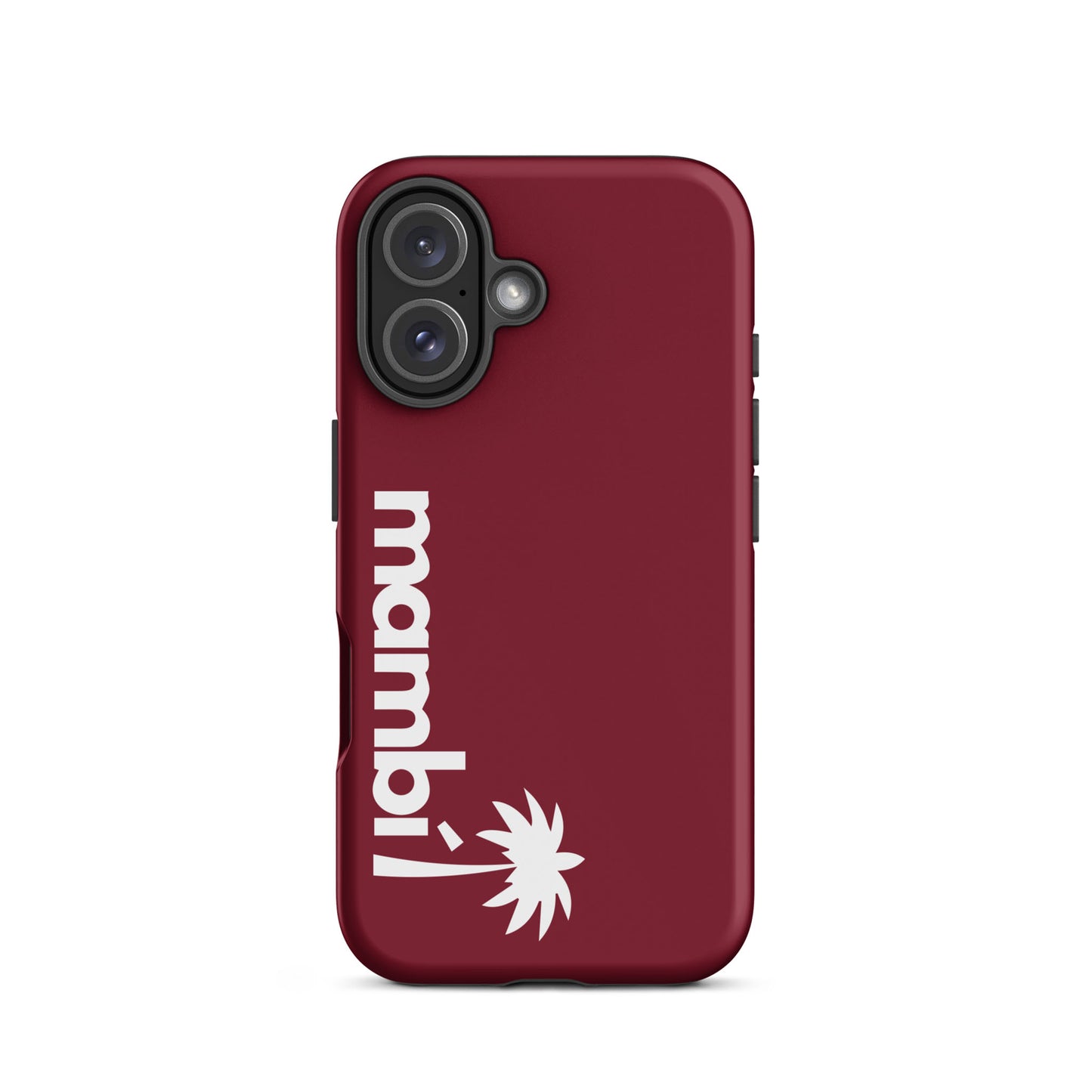 A burgundy dual-layer case featuring mambi in bold white letters printed vertically beside a white palm tree offers stylish protection and reliable shock absorption for your iPhone.