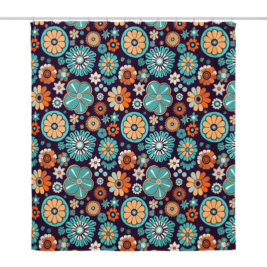 Colorful retro floral shower curtain with orange, teal, and cream flower pattern on dark background