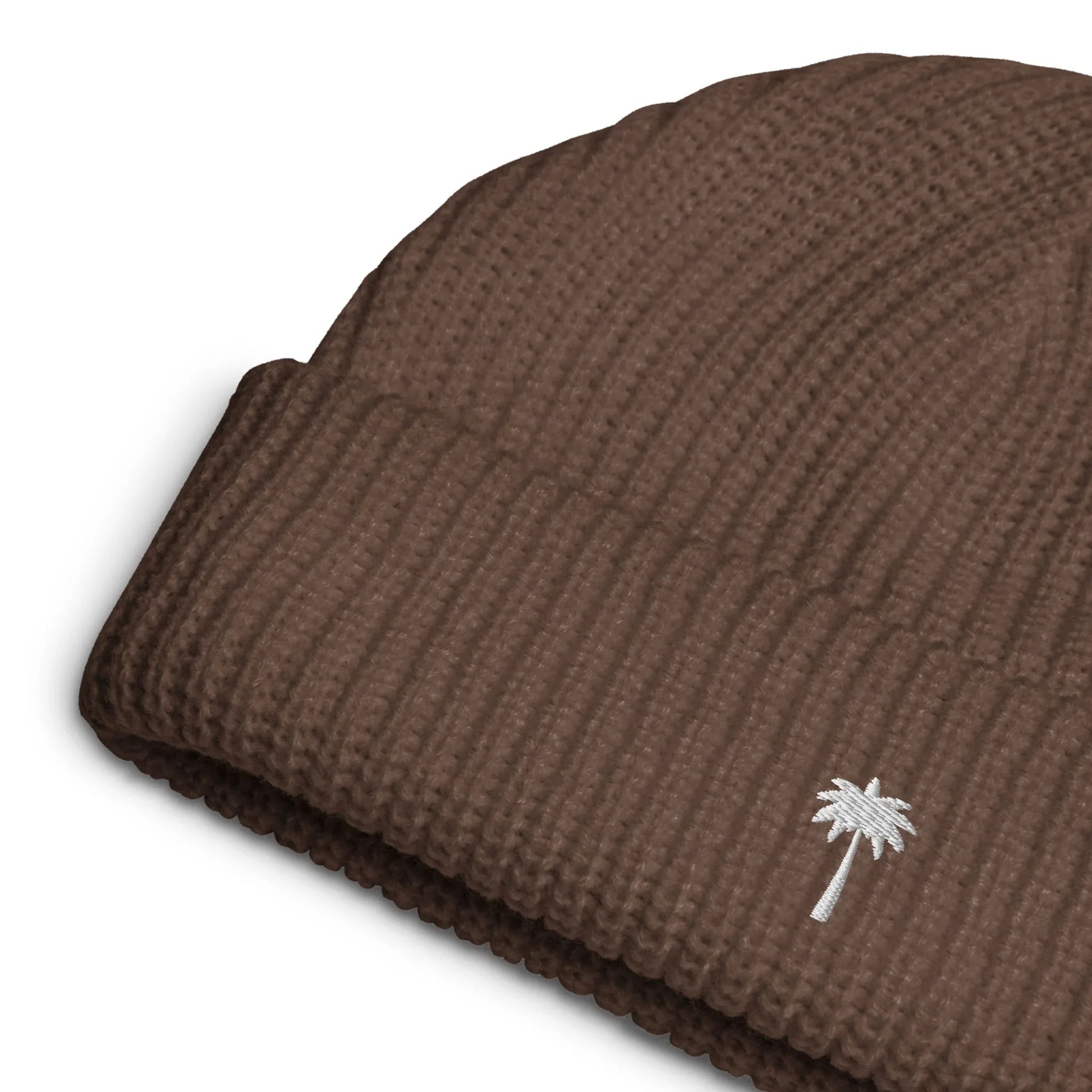 Brown ribbed knit fisherman beanie with white embroidered palm tree on cuff
