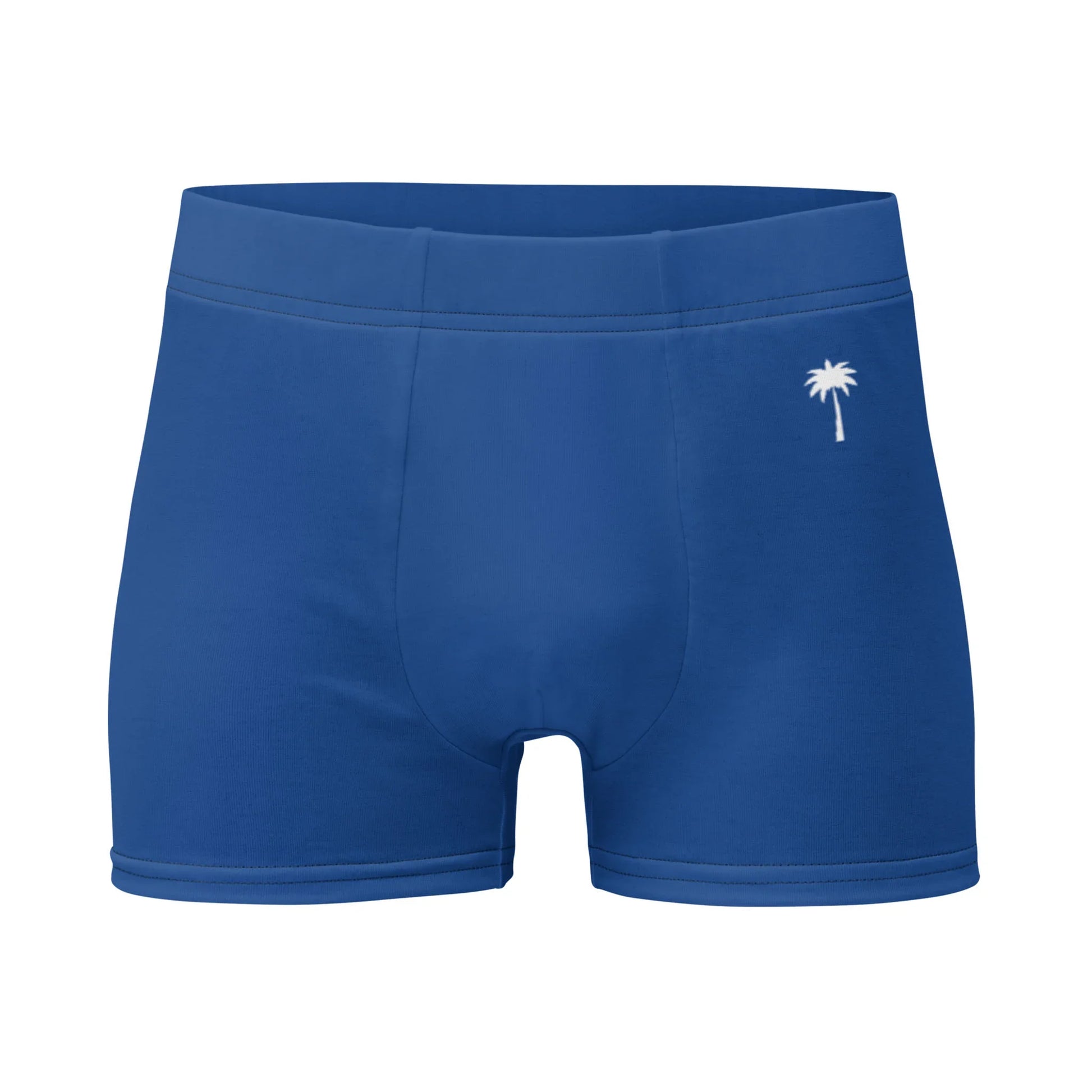 Blue boxer briefs made from stretch material, featuring a small white palm tree emblem on the left hip and a lined front pouch, displayed against a white background.