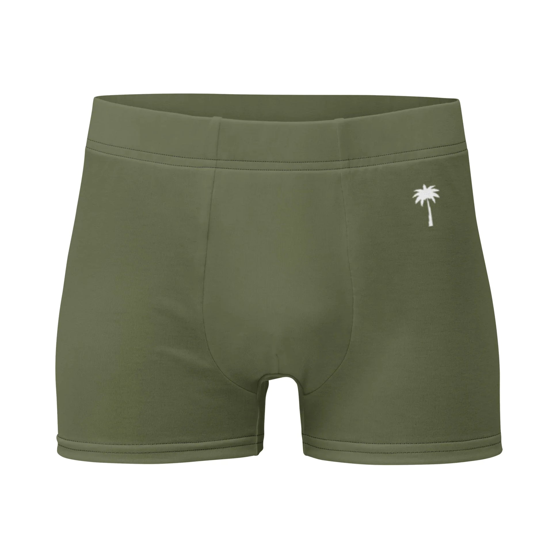 Olive green boxer briefs crafted from stretch material, featuring a lined front pouch and a small white palm tree logo on the left side, displayed against a white background.
