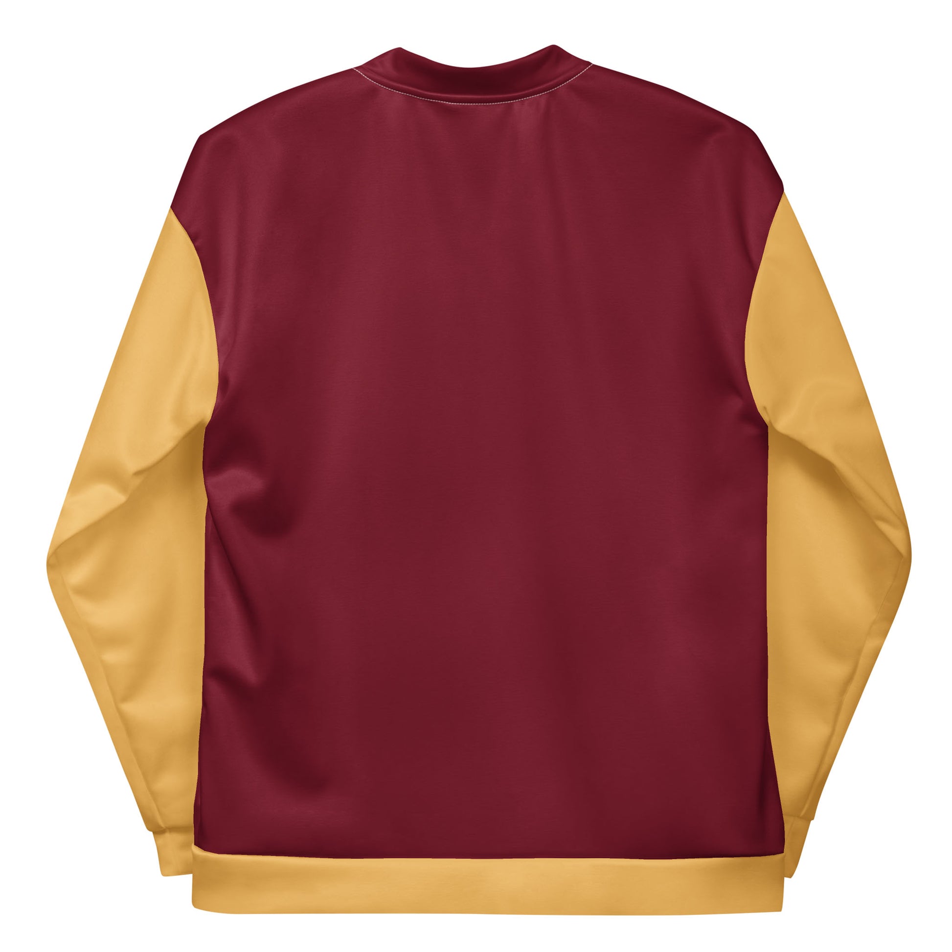 A varsity bomber jacket featuring premium stitching, with a solid maroon back, gold sleeves, and a gold waistband, shown laid flat with the back facing up.