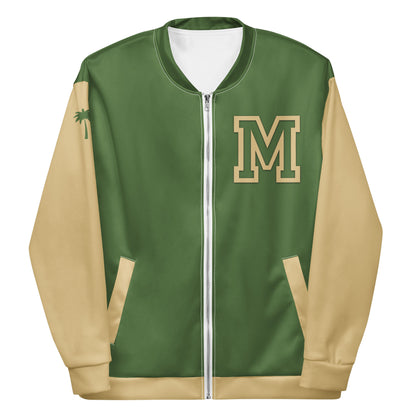 A Fern Green and New Orleans varsity bomber jacket with premium stitching, beige sleeves and pockets, green front and back, a large tan letter M on the left chest, and a small palm tree graphic on the right shoulder.