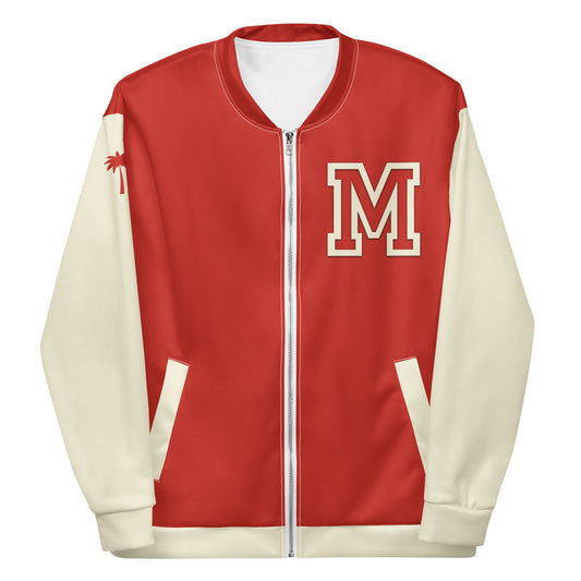 Harley Red and Apricot White varsity bomber jacket with premium stitching, a large white M on the left chest, palm tree detail on the right shoulder, zip front closure, and two side pockets.