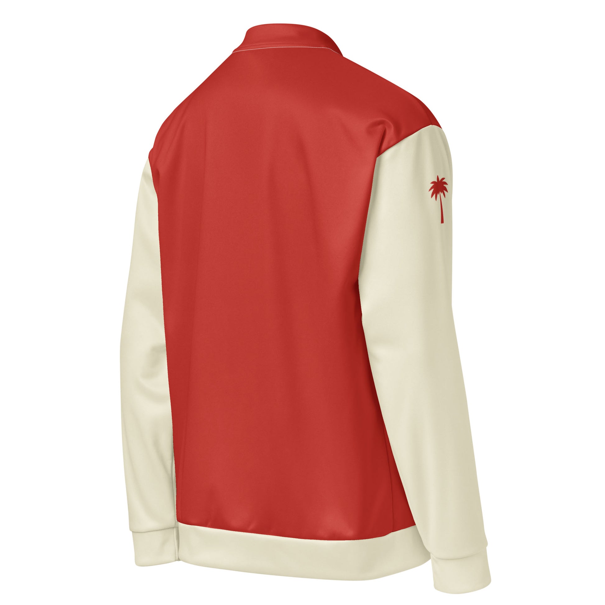A red and cream-colored varsity bomber jacket shown from the back. The body is red, the sleeves are cream, and there is a small red palm tree graphic on the upper left sleeve, finished with premium stitching.