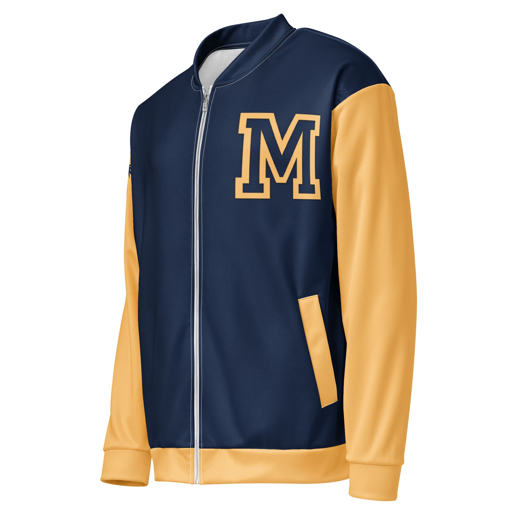Navy blue varsity bomber jacket with yellow sleeves and trim, featuring a large yellow M on the chest, premium stitching, and two front pockets.
