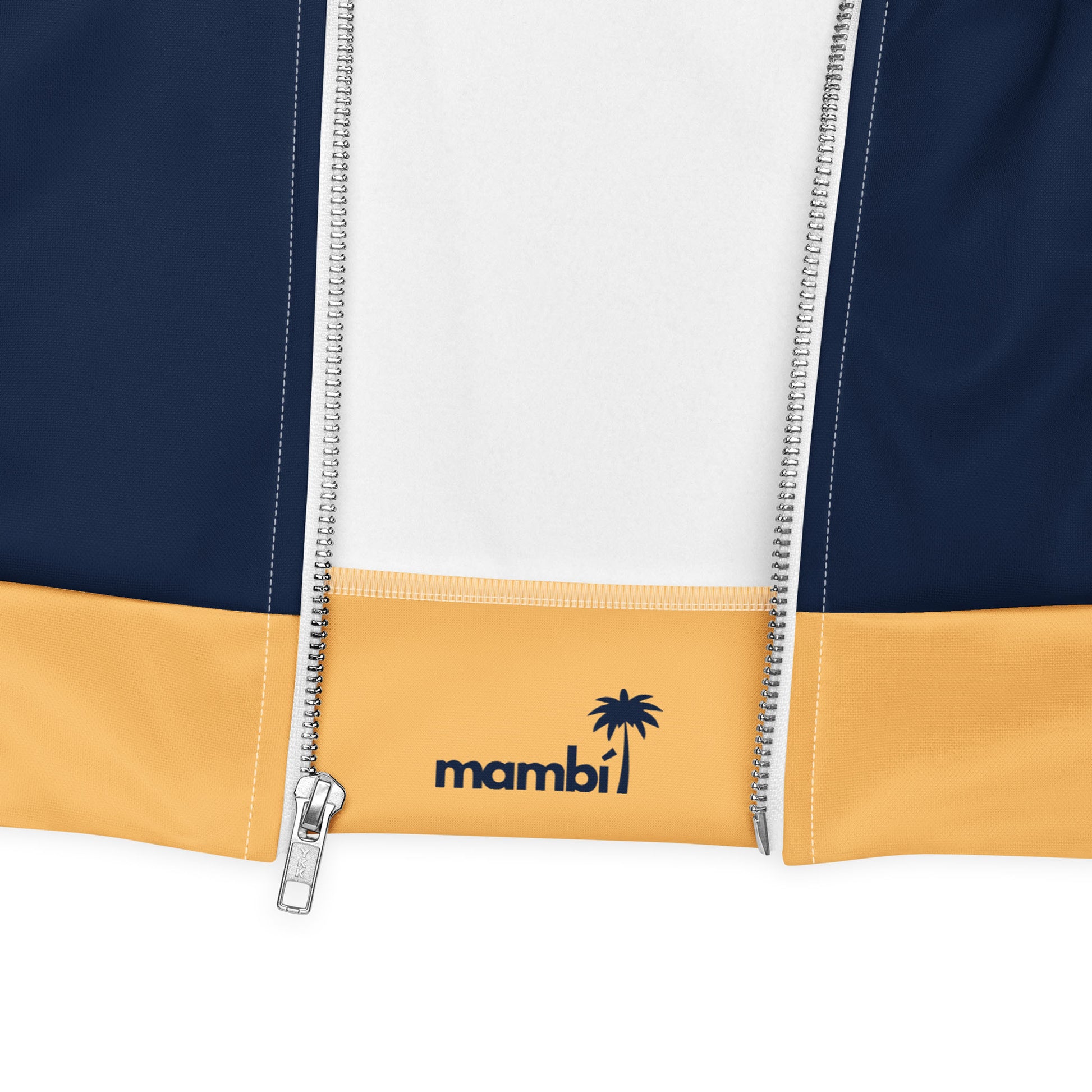A close-up of a varsity bomber jacket with navy blue, white, and yellow colors, premium stitching, silver zippers, and the brand name mambi with a palm tree logo printed near the bottom.