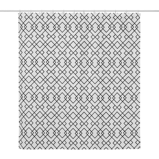 A white, water-resistant shower curtain with a repeating geometric pattern of black intersecting lines forming diamonds and X shapes, creating a modern, art deco-inspired symmetrical design.