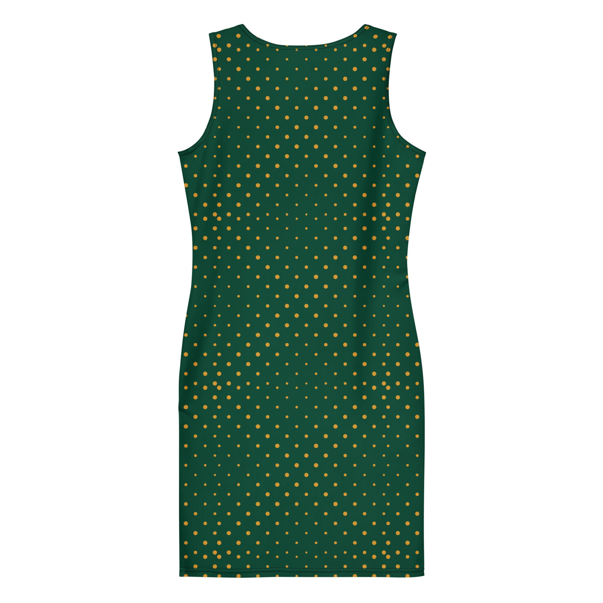 Sleeveless, fitted four-way stretch dress with a dark green background and an all-over pattern of small gold polka dots. This knee-length printed fitted dress is shown from the back.